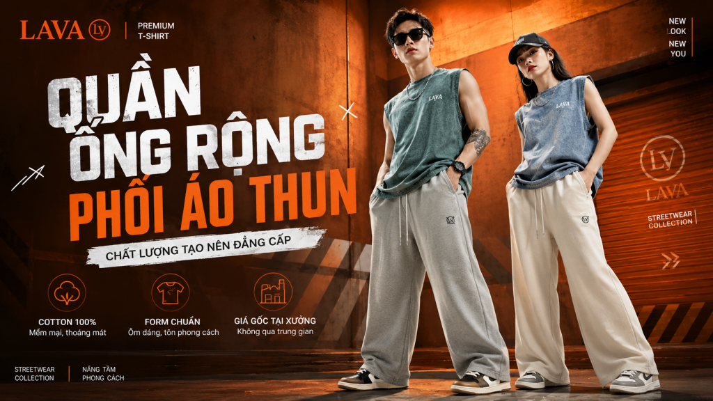 Áo thun với quần ống rộng: Combo Streetwear giúp đại hút khách Gen Z. Xưởng may quần áo Lava Shop chuyên sỉ áo thun oversize, quần jogger số lượng ít giá gốc.