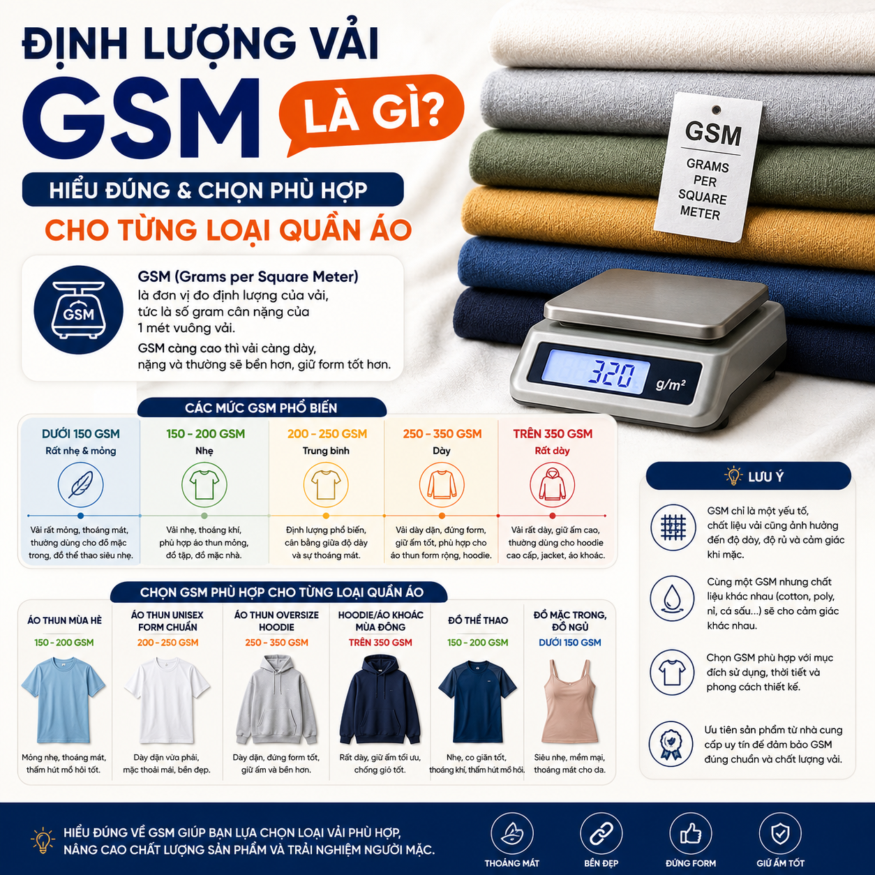Định lượng vải GSM là gì? Tìm hiểu ý nghĩa của GSM, cách đo định lượng vải, ảnh hưởng đến chất lượng sản phẩm và cách chọn GSM phù hợp cho từng dòng quần áo.