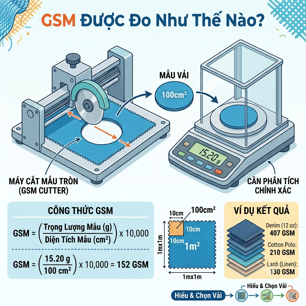 Định lượng vải GSM là gì? Tìm hiểu ý nghĩa của GSM, cách đo định lượng vải, ảnh hưởng đến chất lượng sản phẩm và cách chọn GSM phù hợp cho từng dòng quần áo.