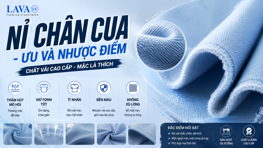 Nỉ chân cua là gì? Chất liệu này có nóng không? Tìm hiểu cấu tạo, ưu điểm, nhược điểm, cách nhận biết và ứng dụng của vải nỉ chân cua trong sản xuất áo hoodie, sweater, quần jogger và quần short.