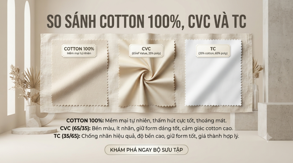 So sánh Cotton 100%, CVC và TC chi tiết về độ mềm, khả năng thấm hút, độ bền, giá thành và ứng dụng. Tìm hiểu ưu nhược điểm từng chất liệu để lựa chọn loại vải phù hợp nhất khi may áo thun.