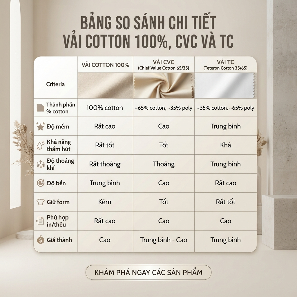So sánh Cotton 100%, CVC và TC chi tiết về độ mềm, khả năng thấm hút, độ bền, giá thành và ứng dụng. Tìm hiểu ưu nhược điểm từng chất liệu để lựa chọn loại vải phù hợp nhất khi may áo thun.