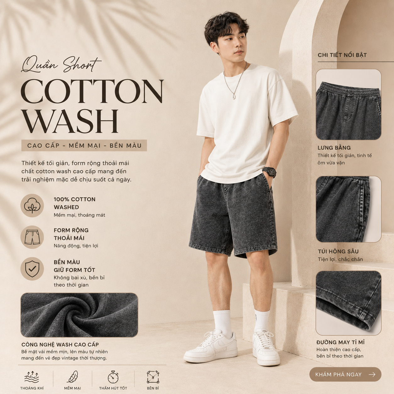 Nguồn hàng sỉ quần Short Wash Cotton 100% chất lượng cao tại Xưởng May Lava. Giá tận xưởng, nhận sản xuất OEM/ODM cho shop và Local Brand.
