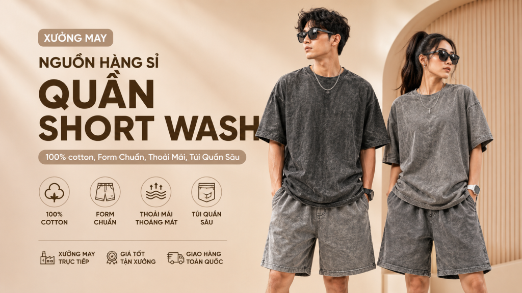 Nguồn hàng sỉ quần Short Wash Cotton 100% chất lượng cao tại Xưởng May Lava. Giá tận xưởng, nhận sản xuất OEM/ODM cho shop và Local Brand.
