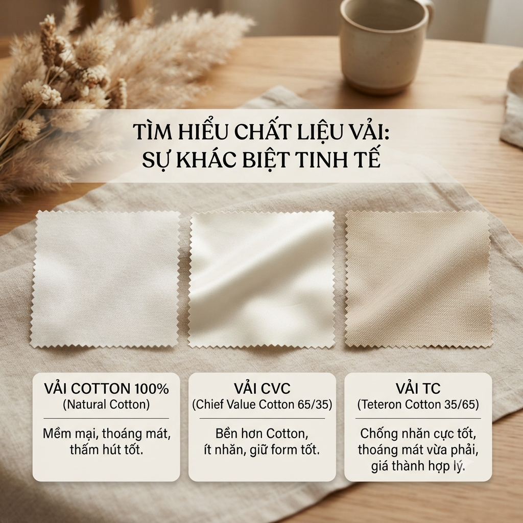 So sánh Cotton 100%, CVC và TC chi tiết về độ mềm, khả năng thấm hút, độ bền, giá thành và ứng dụng. Tìm hiểu ưu nhược điểm từng chất liệu để lựa chọn loại vải phù hợp nhất khi may áo thun.
