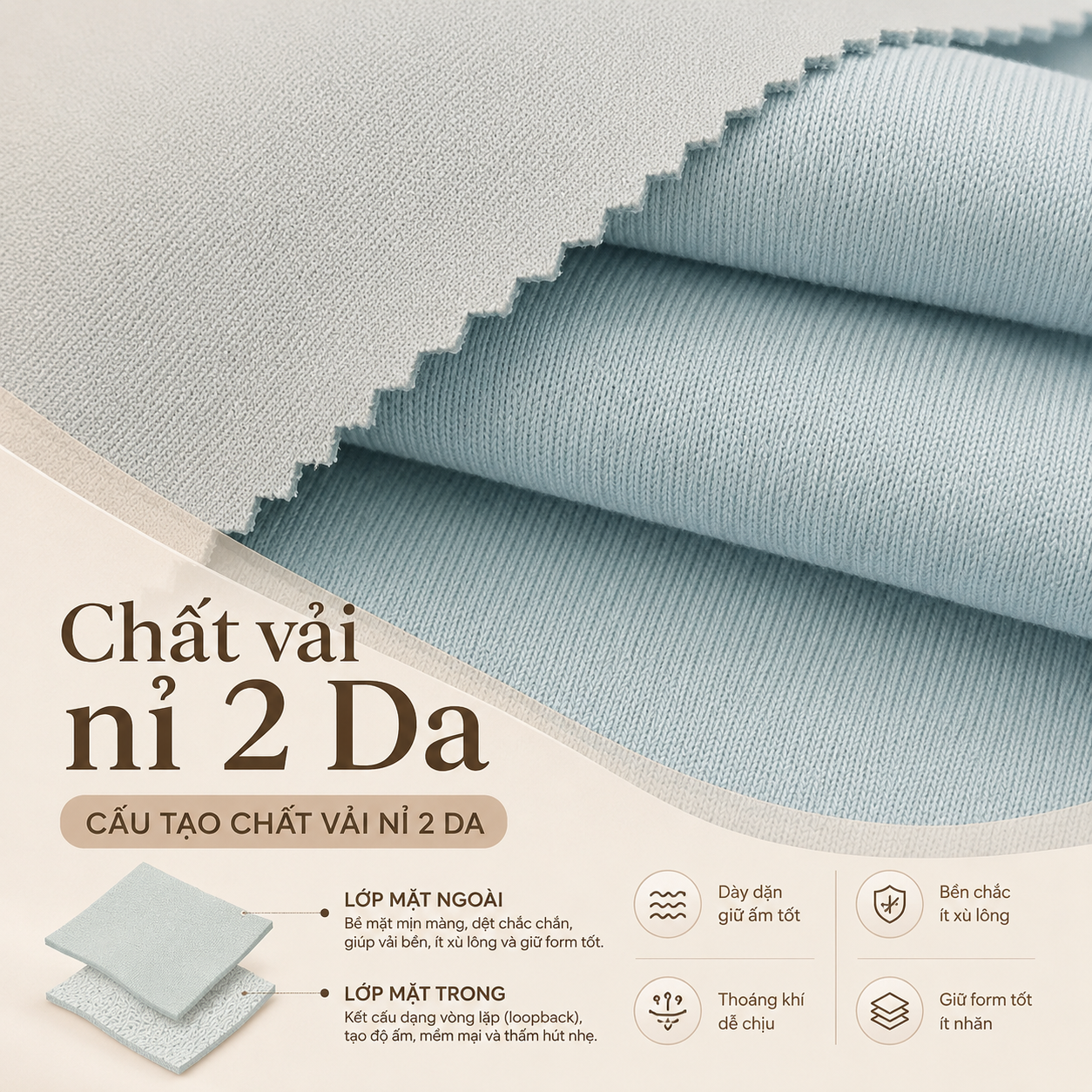 So sánh vải Nỉ PE, Nỉ 2 Da và Nỉ Chân Cua về cấu tạo, ưu nhược điểm, khả năng giữ ấm, độ bền và ứng dụng trong may áo hoodie, sweater, jogger.
