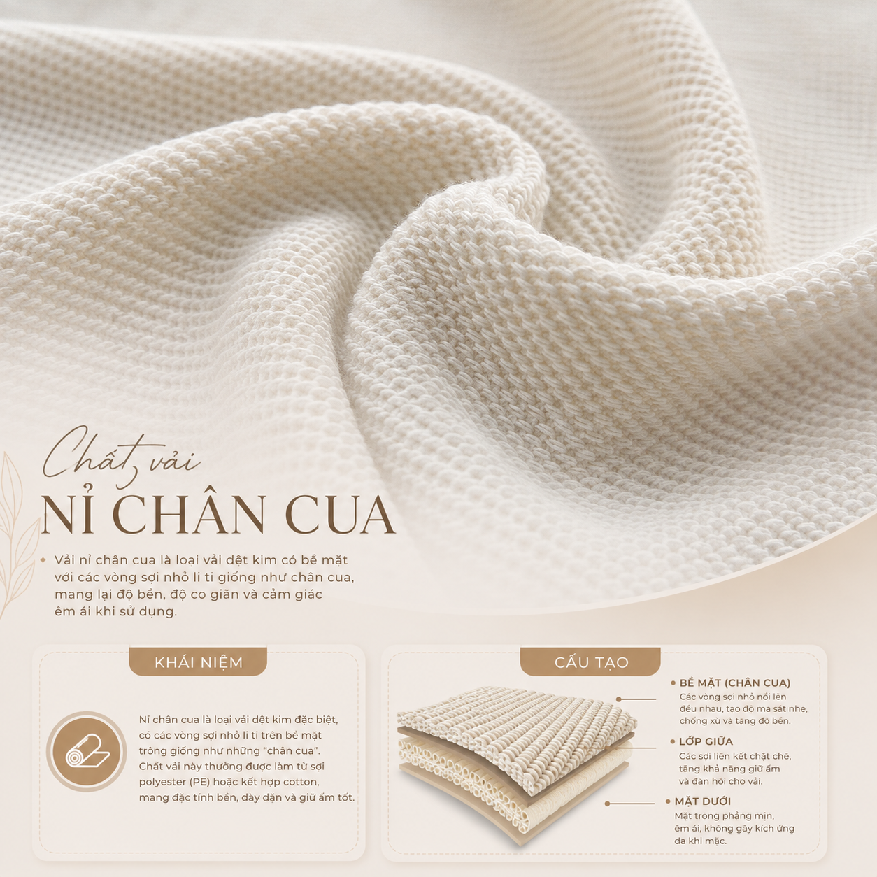 So sánh vải Nỉ PE, Nỉ 2 Da và Nỉ Chân Cua về cấu tạo, ưu nhược điểm, khả năng giữ ấm, độ bền và ứng dụng trong may áo hoodie, sweater, jogger.
