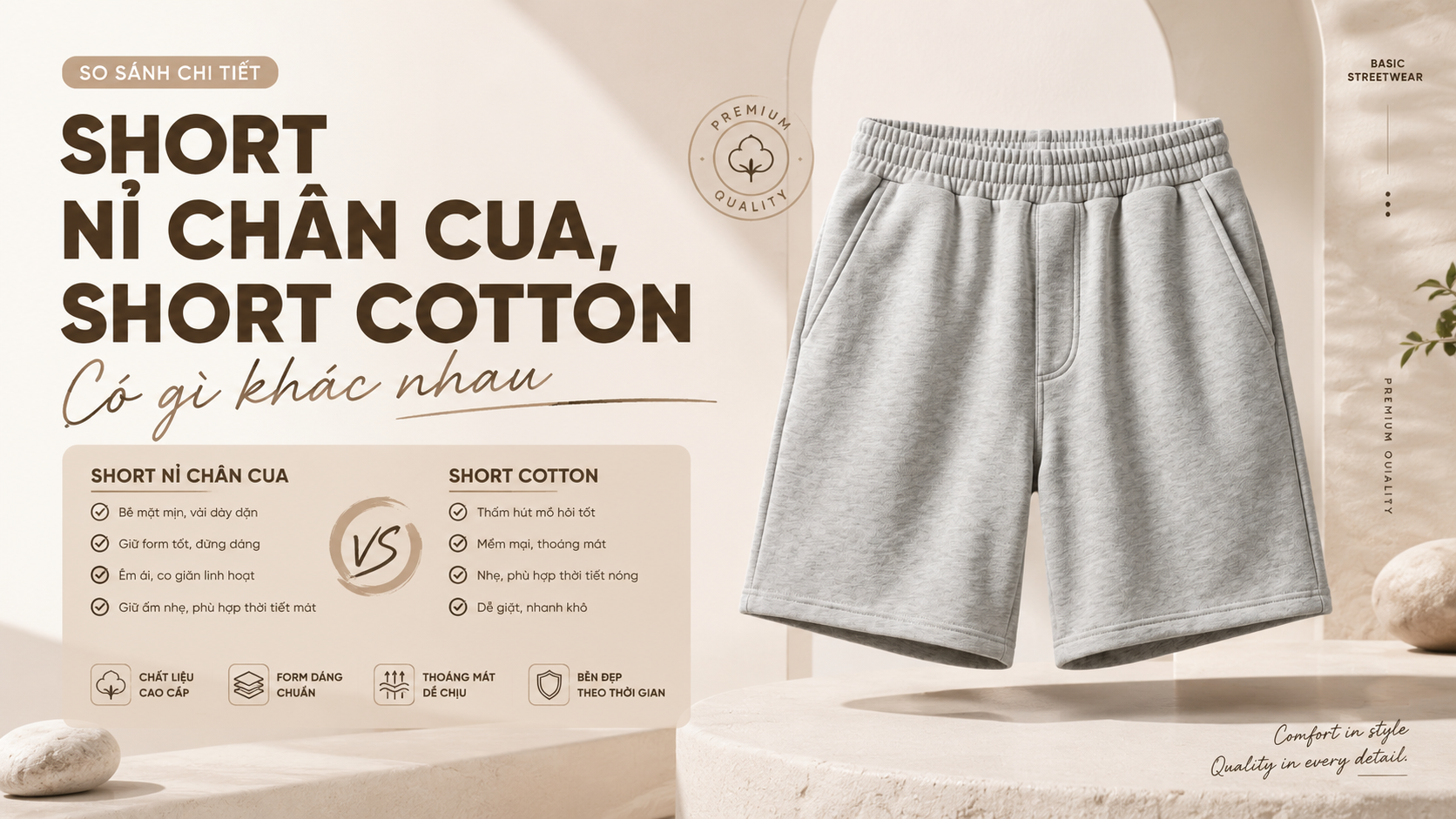 So sánh quần short nỉ chân cua và quần short cotton về chất liệu, khả năng giữ form, độ bền, độ thoáng khí và ứng dụng thực tế. Tư vấn lựa chọn phù hợp cho Local Brand, shop thời trang và doanh nghiệp đặt may.