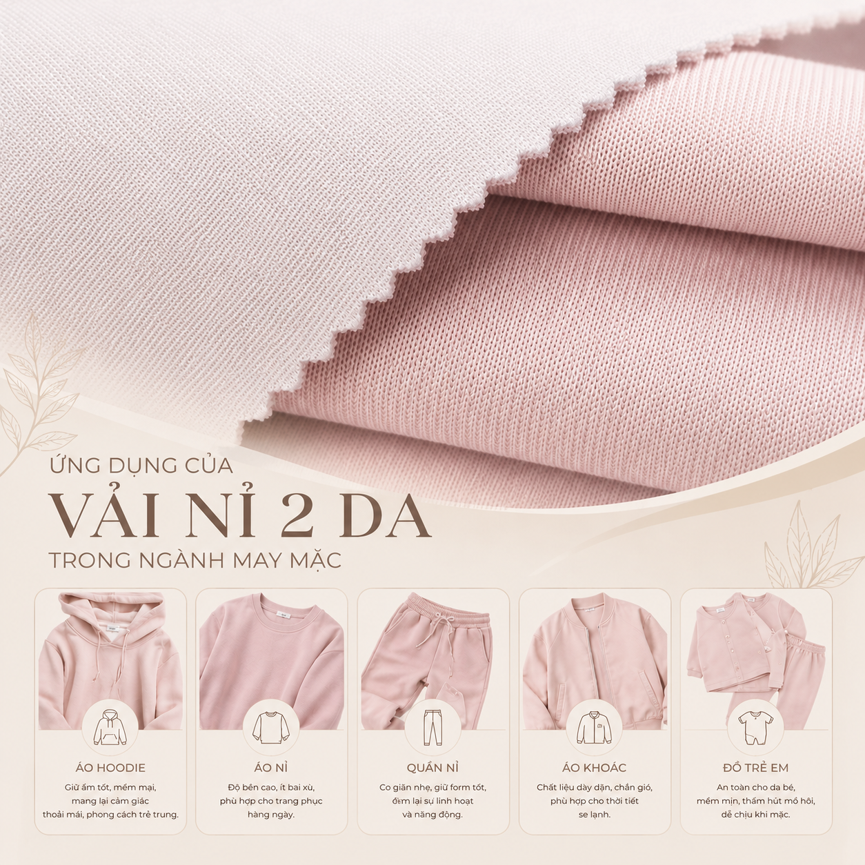 So sánh vải Nỉ PE, Nỉ 2 Da và Nỉ Chân Cua về cấu tạo, ưu nhược điểm, khả năng giữ ấm, độ bền và ứng dụng trong may áo hoodie, sweater, jogger.