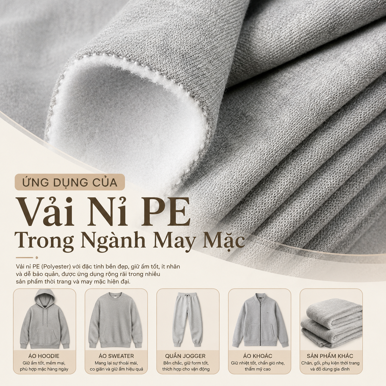 So sánh vải Nỉ PE, Nỉ 2 Da và Nỉ Chân Cua về cấu tạo, ưu nhược điểm, khả năng giữ ấm, độ bền và ứng dụng trong may áo hoodie, sweater, jogger.