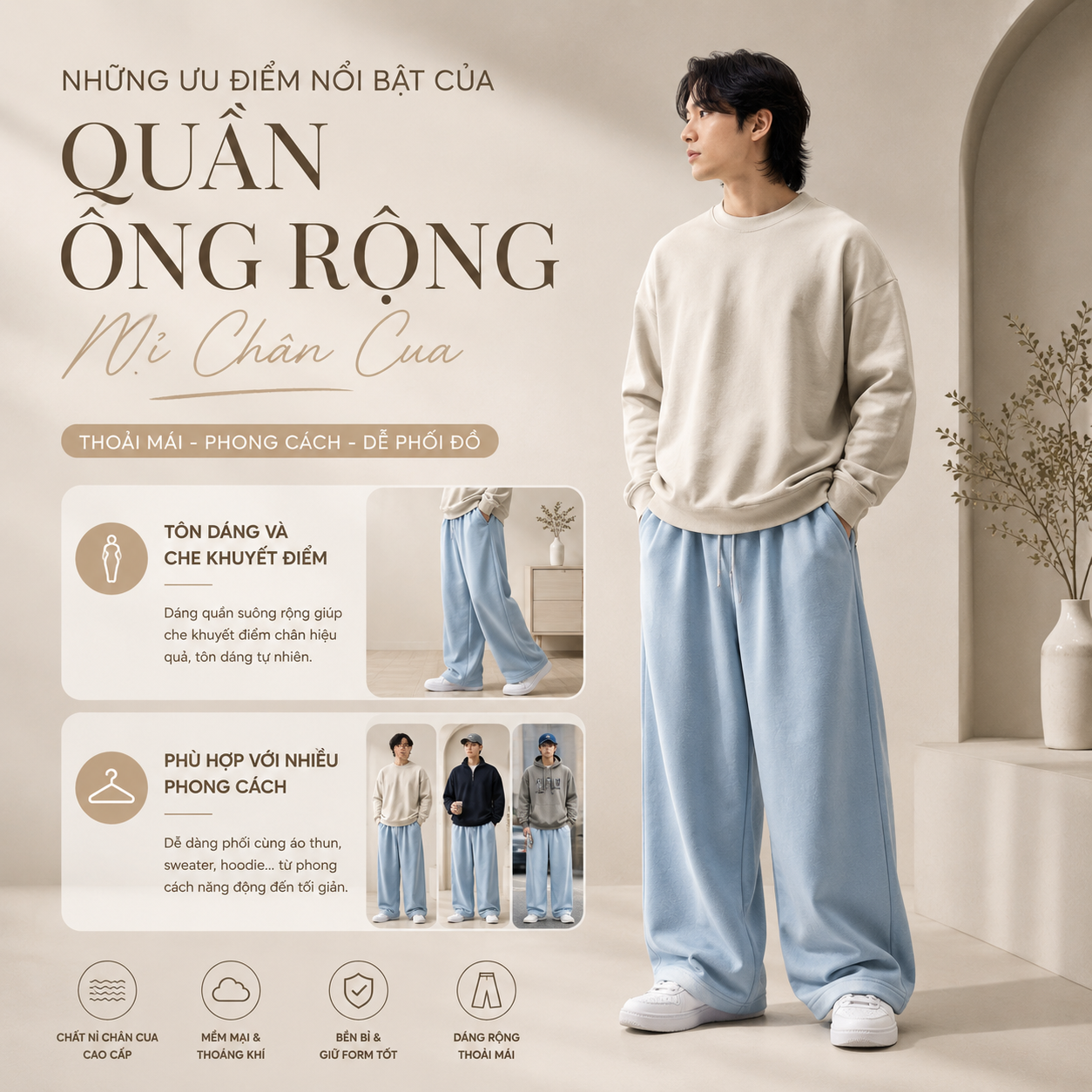 Tìm hiểu quần ống rộng là gì, các chất liệu phổ biến, cách chọn form chuẩn, kinh nghiệm nhập sỉ và đặt may tại xưởng. Phù hợp cho shop thời trang, Local Brand và doanh nghiệp.